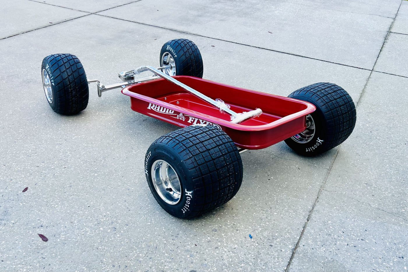 DKCC Hot Rod Flyer — three-quarter overhead view showing dragster chassis and Hoosier racing slicks