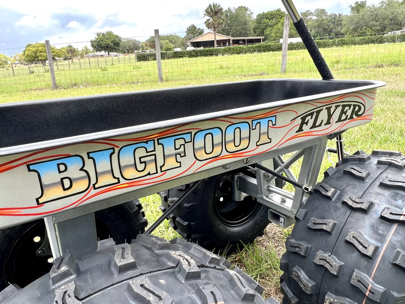 DKCC Bigfoot Flyer — Valhalla 2 side panel with Bigfoot Flyer flame graphics close-up